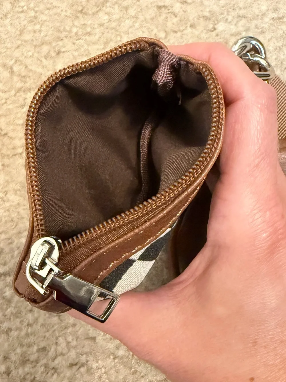Checkered & Brown Faux Leather Dual Pouch Keychain Wristlet Wallet NWOT
